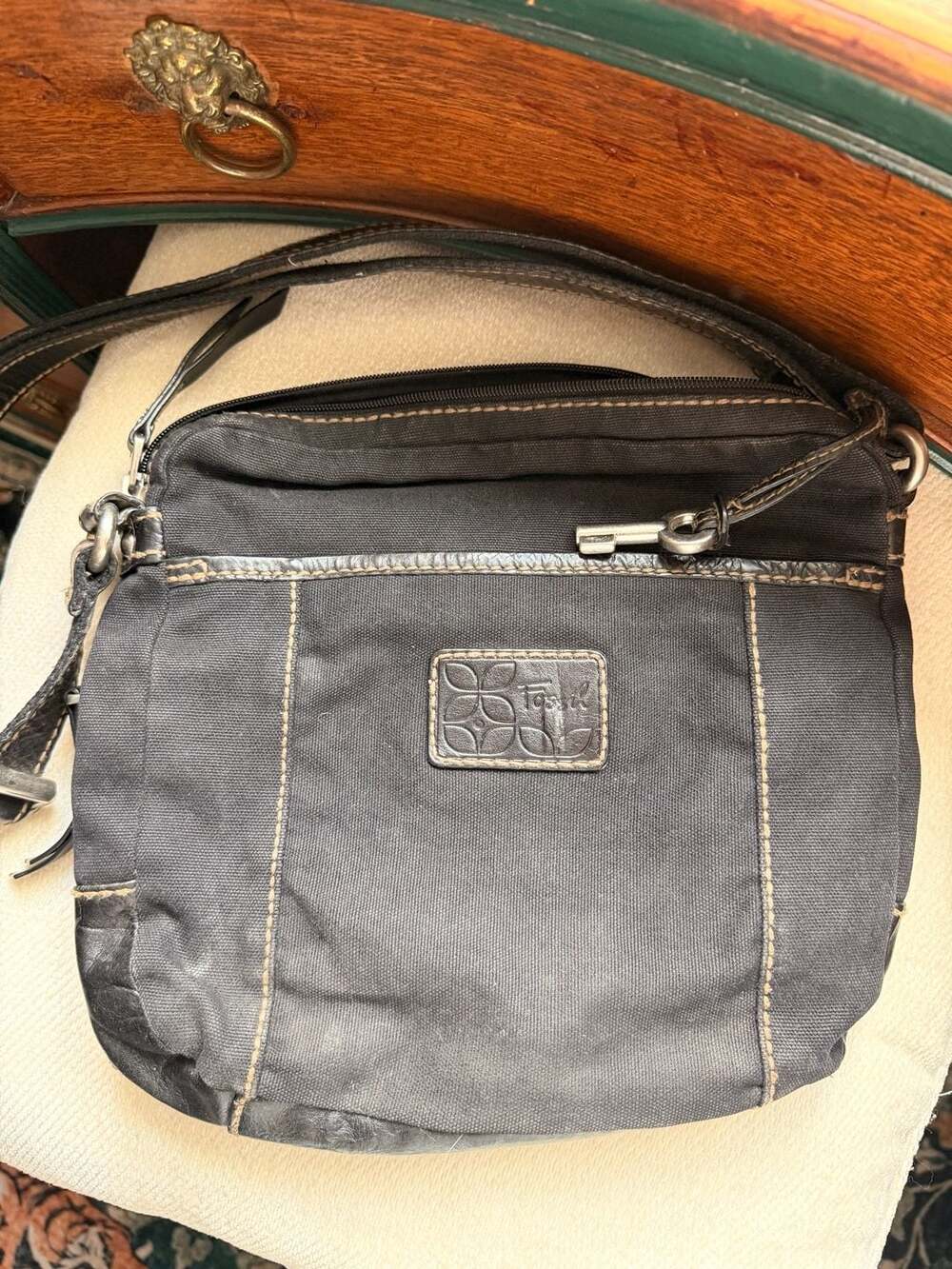 Fossil Black Canvas Leather Trim Crossbody Square Messenger Bag